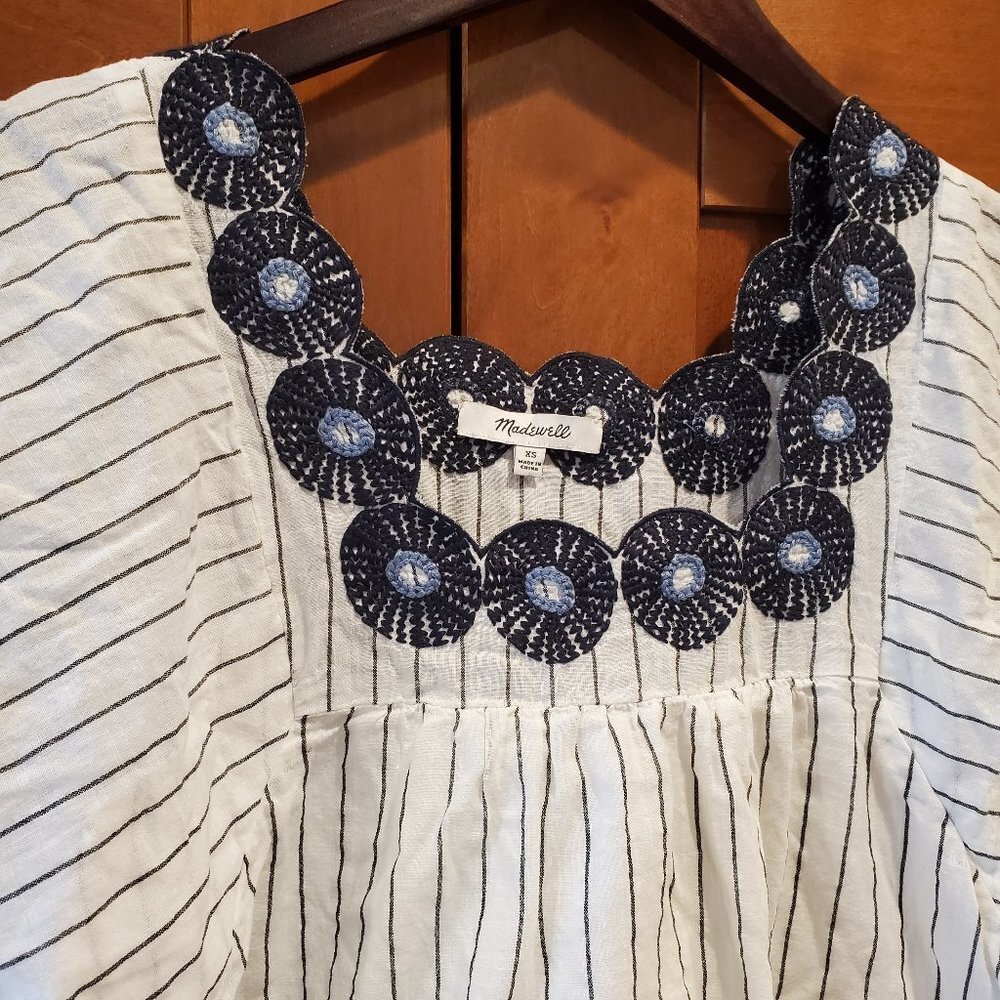 Madewell Striped Embroidered Dress XS White Blue - Picture 2 of 4